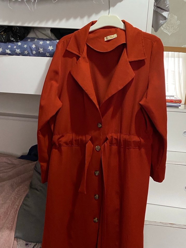 Kiremit Düğmeli Uzun Kadın Trençkot - Görsel 2