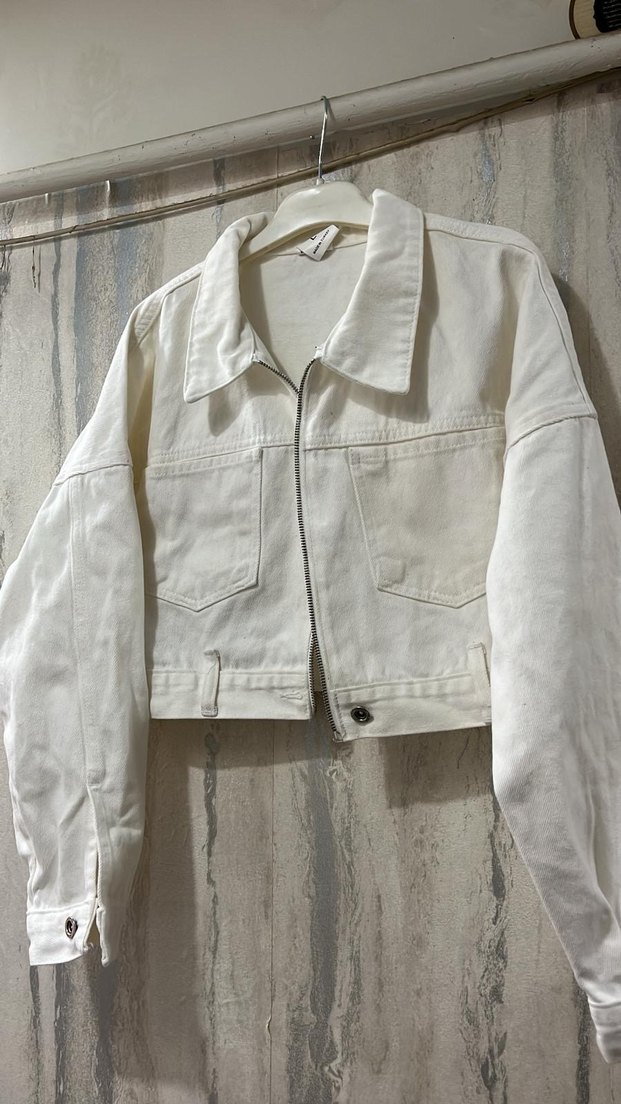 Kadın Beyaz Keten Mini Denim Ceket - Görsel 2