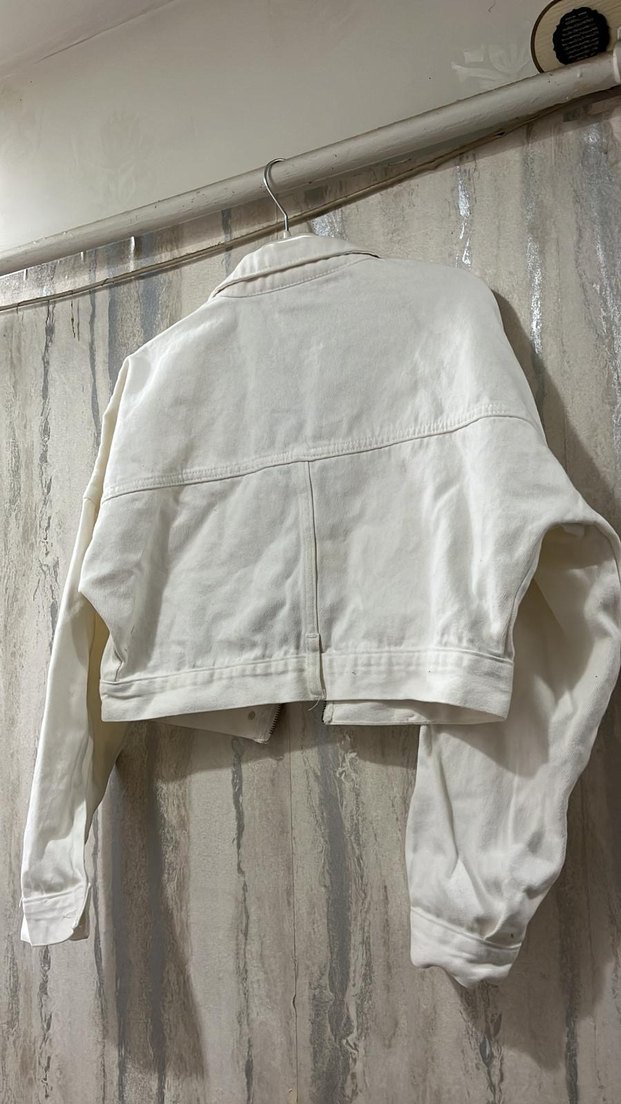 Kadın Beyaz Keten Mini Denim Ceket - Görsel 3