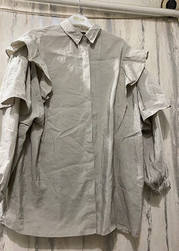 Bej Keten Kadın Gömlek, Fırfırlı, uzun kollu - Görsel 4