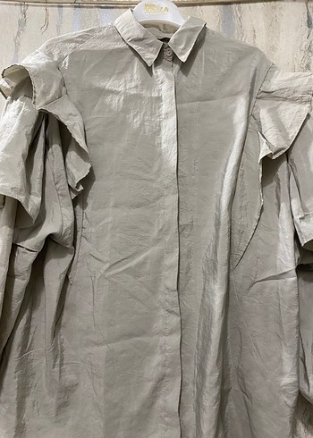 Bej Keten Kadın Gömlek, Fırfırlı, uzun kollu - Görsel 3