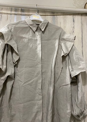 Bej Keten Kadın Gömlek, Fırfırlı, uzun kollu - Görsel 2