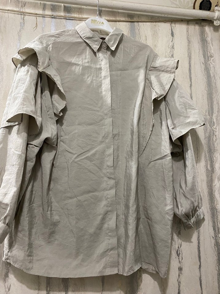 Bej Keten Kadın Gömlek, Fırfırlı, uzun kollu - Görsel 4