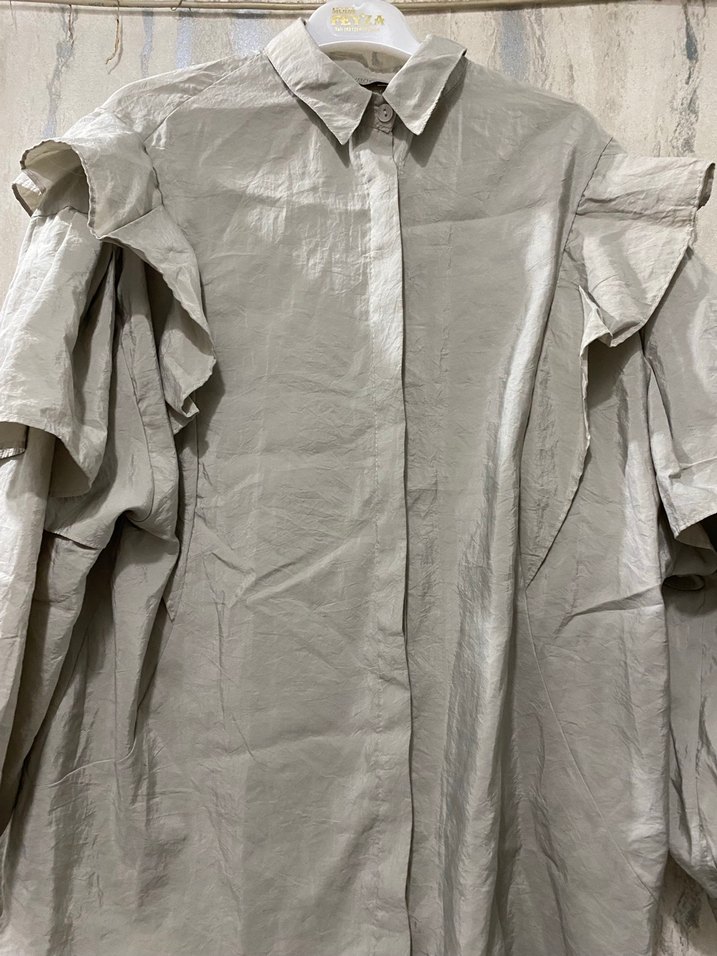 Bej Keten Kadın Gömlek, Fırfırlı, uzun kollu - Görsel 3