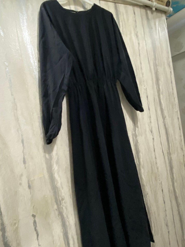 Uzun Siyah Keten Salaş Elbise - Görsel 3