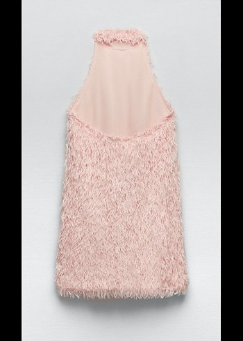 Zara Pembe Kürk Detaylı Mini Elbise