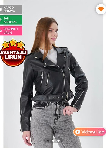 s Beden Siyah Deri Biker Ceket