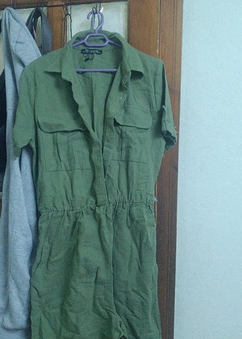 Yeşil Keten Kısa Tulum, Kemerli, Salaş Kesim - Görsel 2