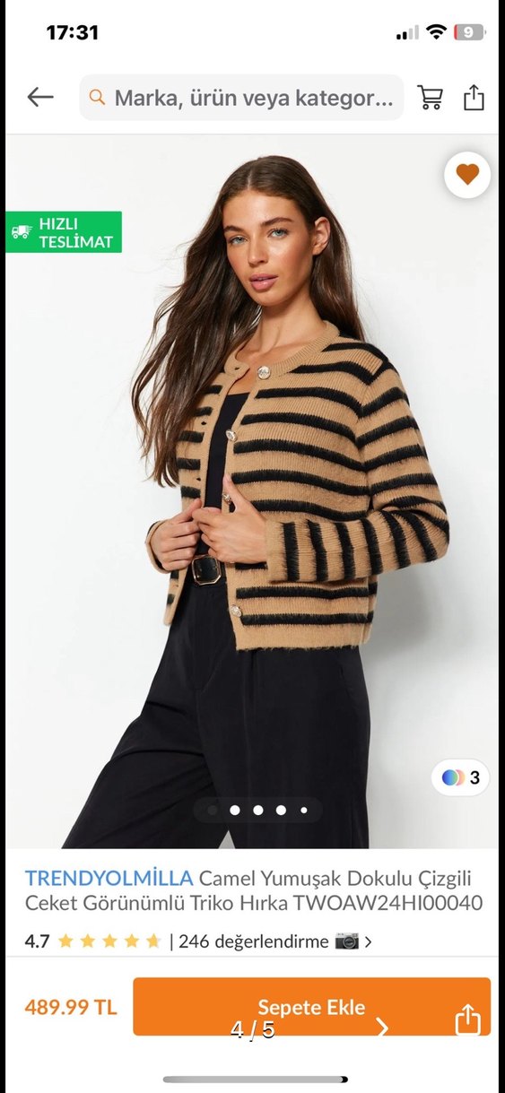 Kahverengi Çizgili Kadın Triko Hırka - Görsel 2