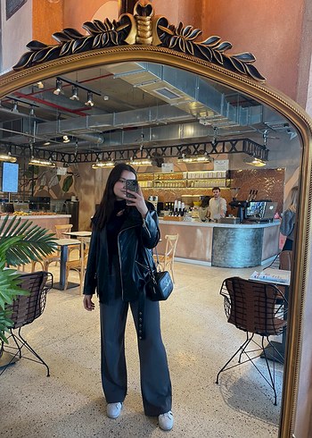 Kadın Siyah Deri Biker Ceket - Görsel 7