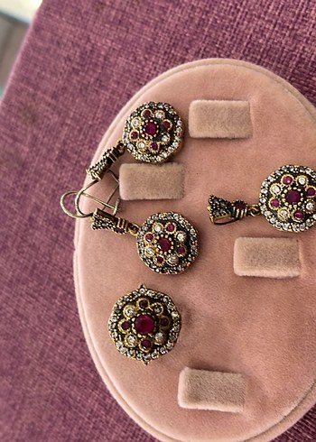 Bordo İşlemeli Vintage 925 gümüş Kadın Takı Seti