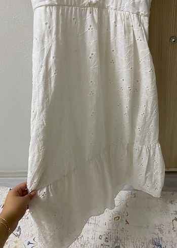 38 Beden beyaz Renk Nakışlı Beyaz Bohem Midi Elbise