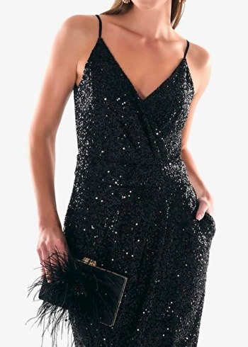 Siyah Askılı Payet Yandan Cepli Anvelop Etekli Maxi Boy Elbise - Görsel 3