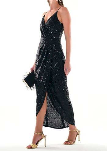 Siyah Askılı Payet Yandan Cepli Anvelop Etekli Maxi Boy Elbise - Görsel 2