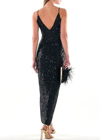 Siyah Askılı Payet Yandan Cepli Anvelop Etekli Maxi Boy Elbise - Görsel 4