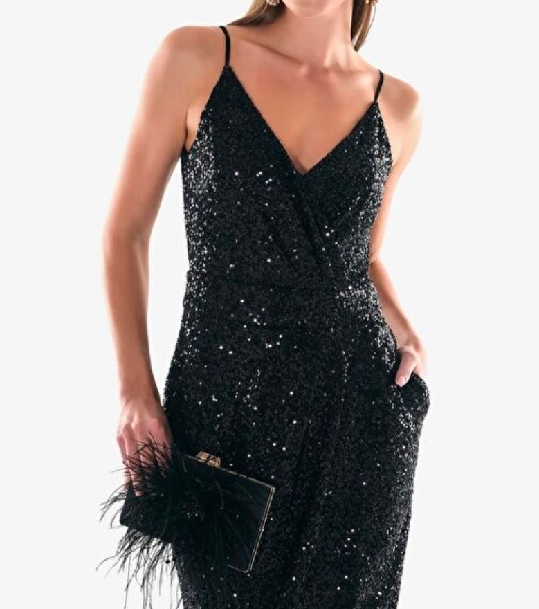 Siyah Askılı Payet Yandan Cepli Anvelop Etekli Maxi Boy Elbise - Görsel 3