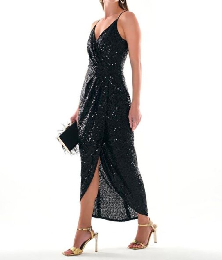 Siyah Askılı Payet Yandan Cepli Anvelop Etekli Maxi Boy Elbise - Görsel 2