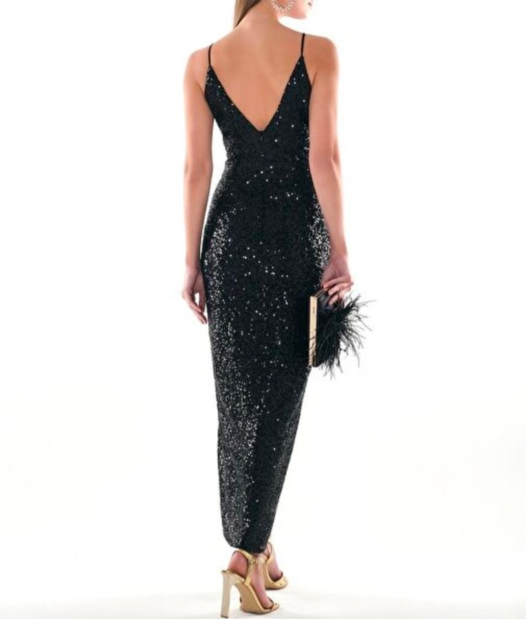 Siyah Askılı Payet Yandan Cepli Anvelop Etekli Maxi Boy Elbise - Görsel 4