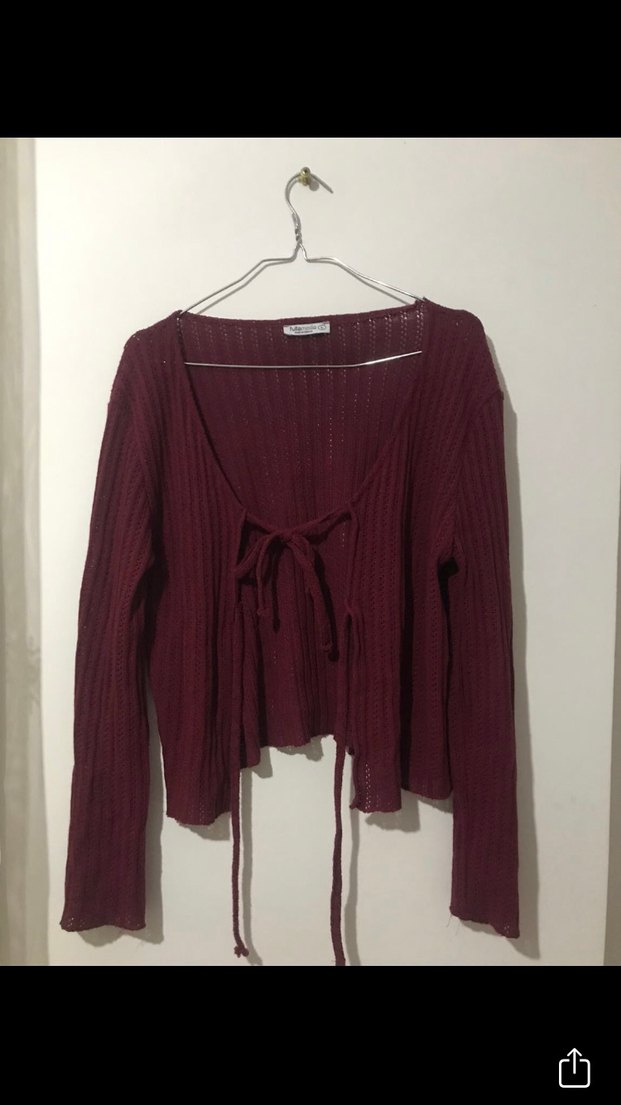 Bordo Bağcıklı Örgü Triko Hırka - Görsel 2