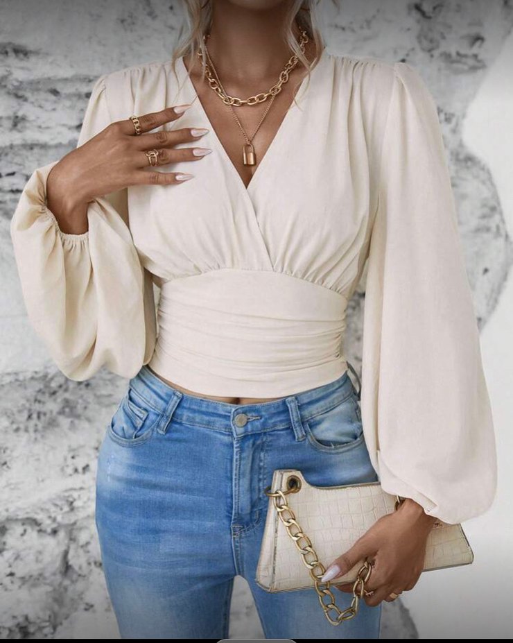 Bej V Yaka Drapeli Kadın Bluz - Görsel 2