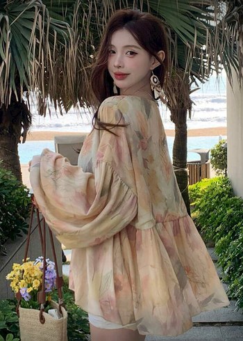 Bej Transparan V Yaka Uzun Kollu Bluz - Görsel 2