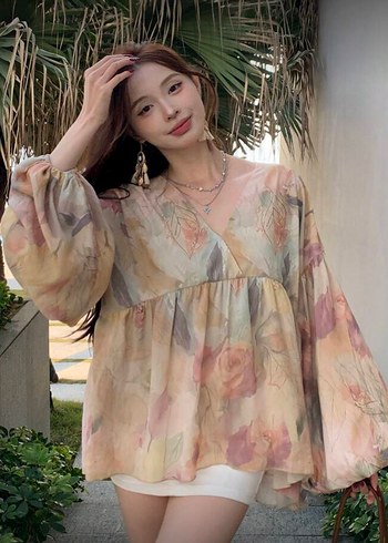 Bej Transparan V Yaka Uzun Kollu Bluz - Görsel 3