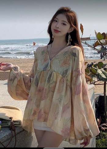 Bej Transparan V Yaka Uzun Kollu Bluz - Görsel 4