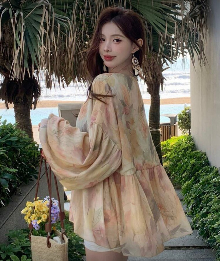 Bej Transparan V Yaka Uzun Kollu Bluz - Görsel 2