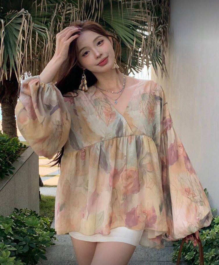 Bej Transparan V Yaka Uzun Kollu Bluz - Görsel 3