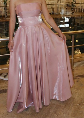 #Pudra Pembe Drapeli Uzun Straplez #Nişan Elbisesi - Görsel 4