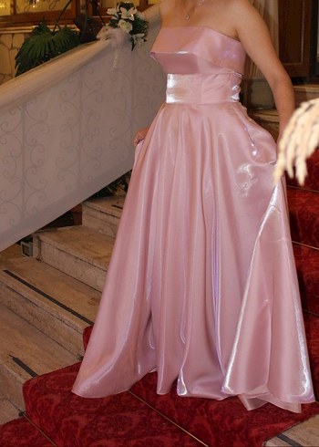 #Pudra Pembe Drapeli Uzun Straplez #Nişan Elbisesi - Görsel 3