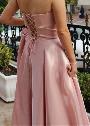 #Pudra Pembe Drapeli Uzun Straplez #Nişan Elbisesi - Görsel 2