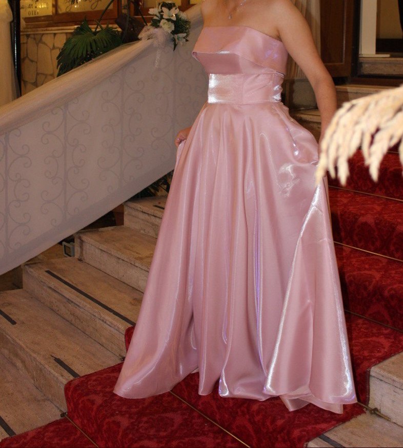 #Pudra Pembe Drapeli Uzun Straplez #Nişan Elbisesi - Görsel 3