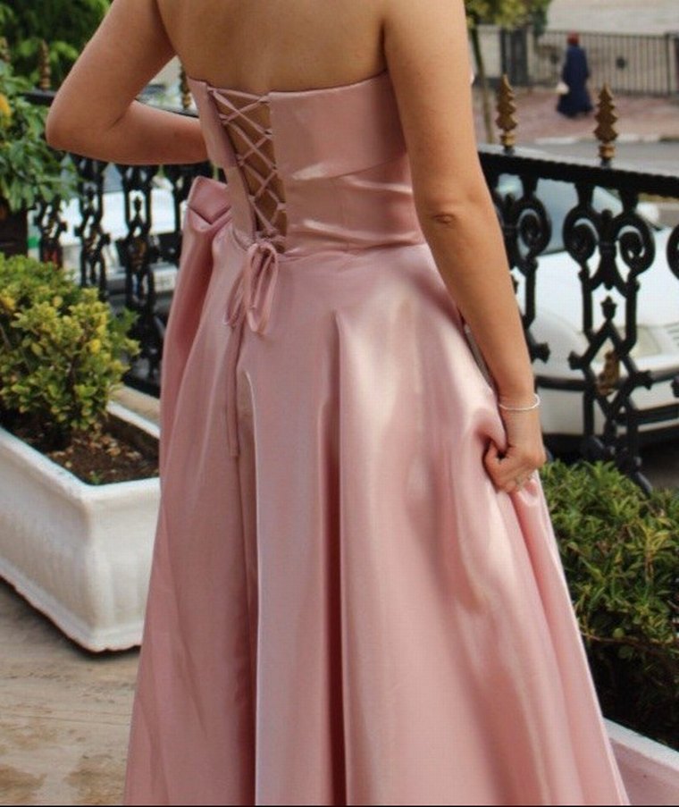 #Pudra Pembe Drapeli Uzun Straplez #Nişan Elbisesi - Görsel 2