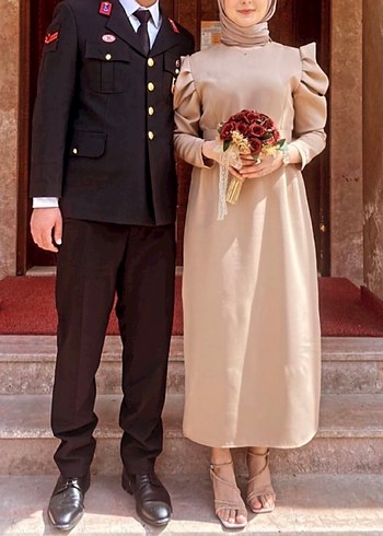 Bej Uzun Drapeli Kadın Elbise - Görsel 4