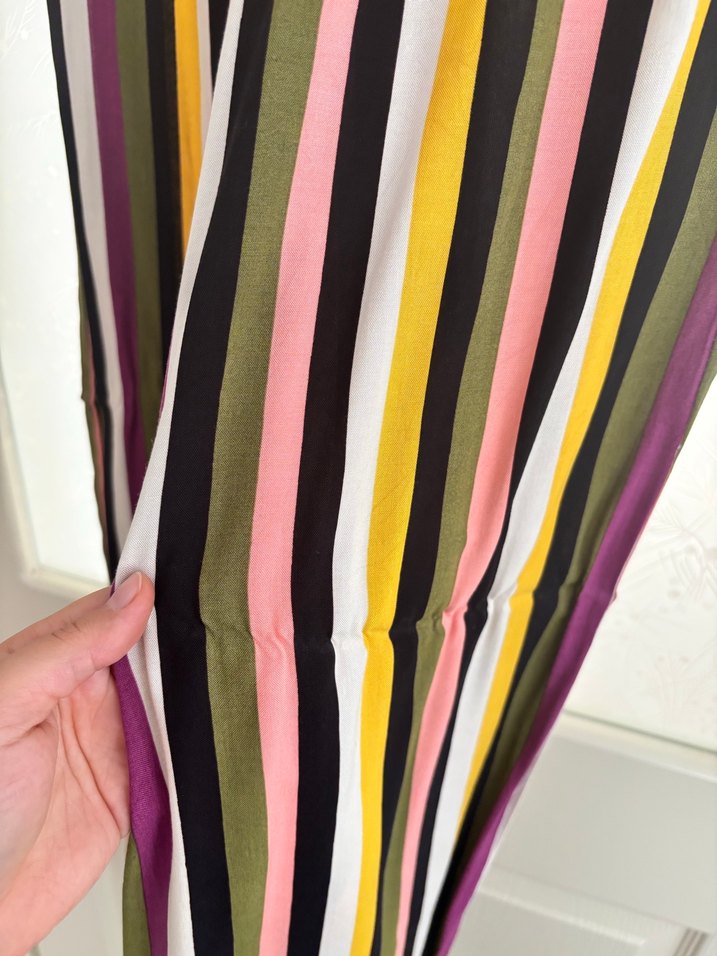 Çizgili, Pilili Kadın Uzun Kumaş Pantolon - Görsel 3