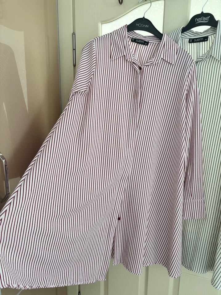 Çizgili Uzun Kollu Pamuklu Kadın Gömlek - Görsel 2