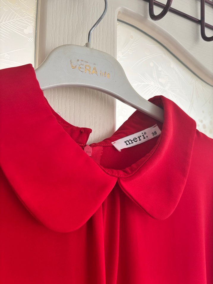 Uzun Kollu Kırmızı Saten Tunik - Görsel 2