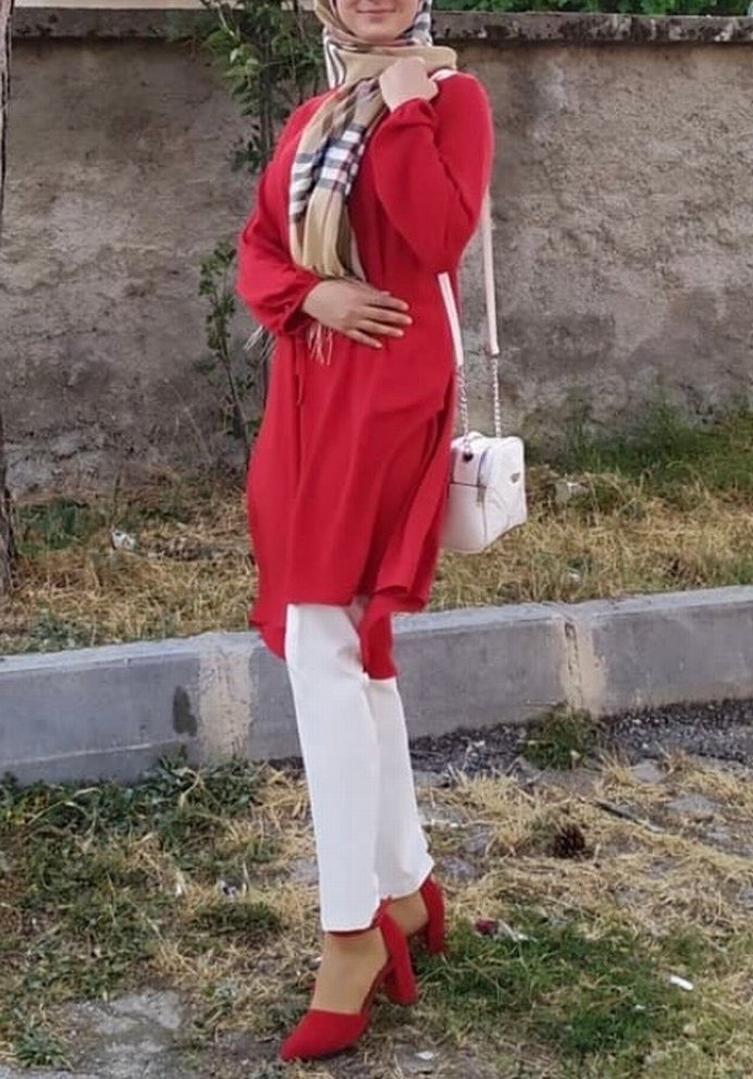 Uzun Kollu Kırmızı Saten Tunik - Görsel 4