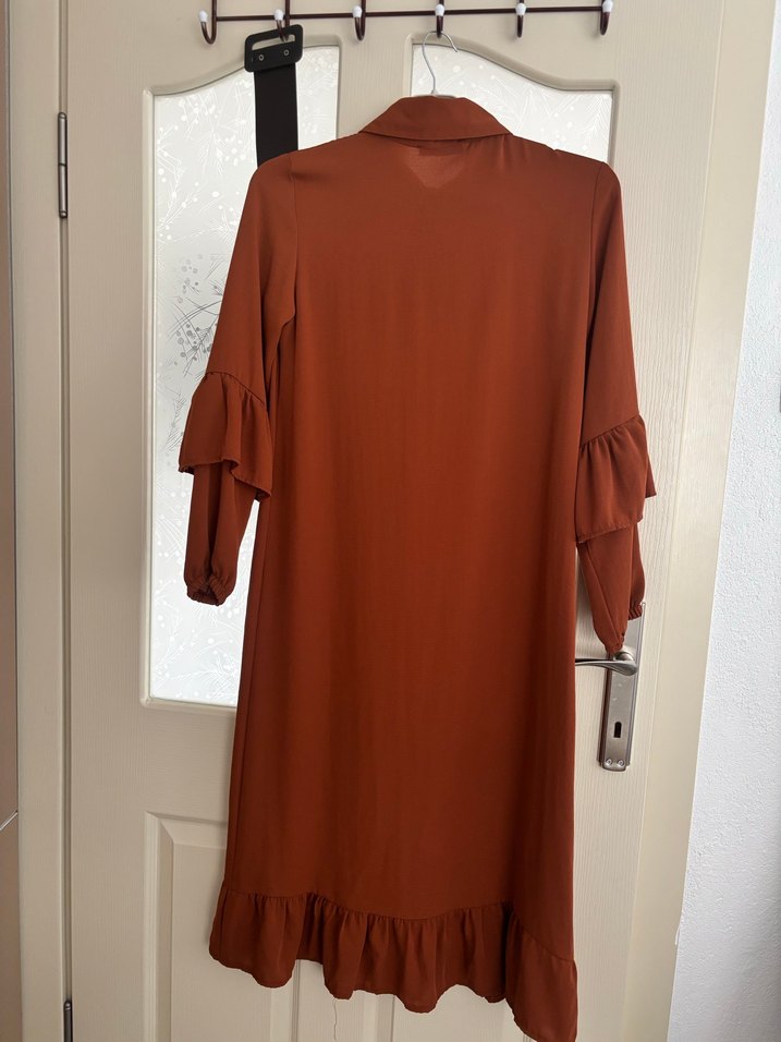 Düğmeli Kahverengi Uzun Kollu Kadın Elbise tunik - Görsel 3