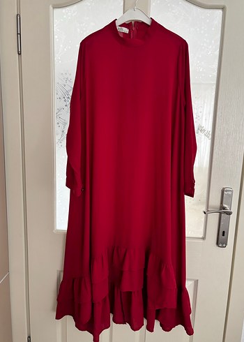 Bordo Uzun Kollu Fırfırlı Uzun Elbise - Görsel 2