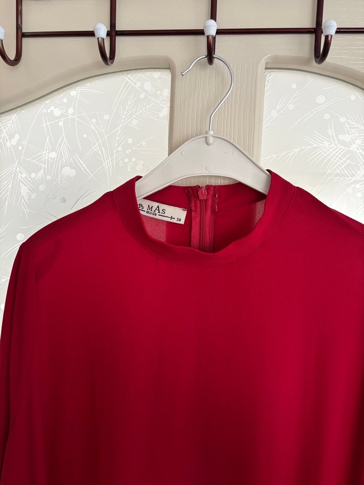 Bordo Uzun Kollu Fırfırlı Uzun Elbise - Görsel 4