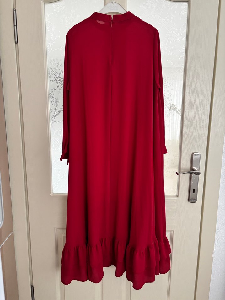 Bordo Uzun Kollu Fırfırlı Uzun Elbise - Görsel 3