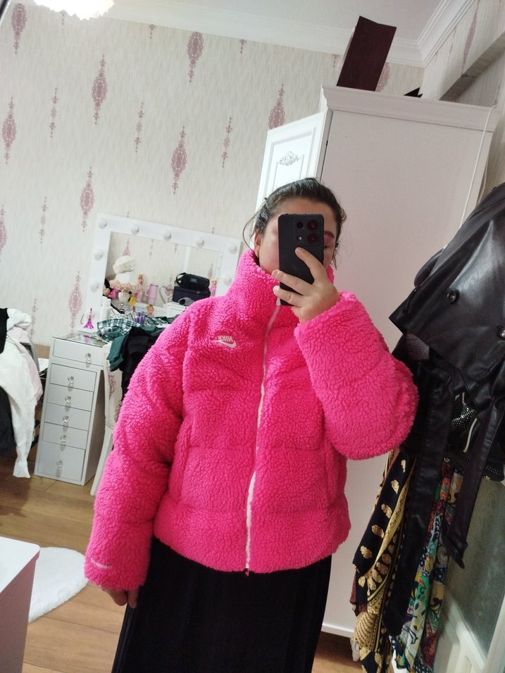 Pembe Yüksek Yakalı Kadın Mont - Görsel 5