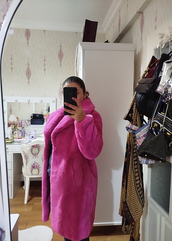 Pembe Kadın Midi Boy Suni Kürk Kaban s m l beden uuyumludr - Görsel 3