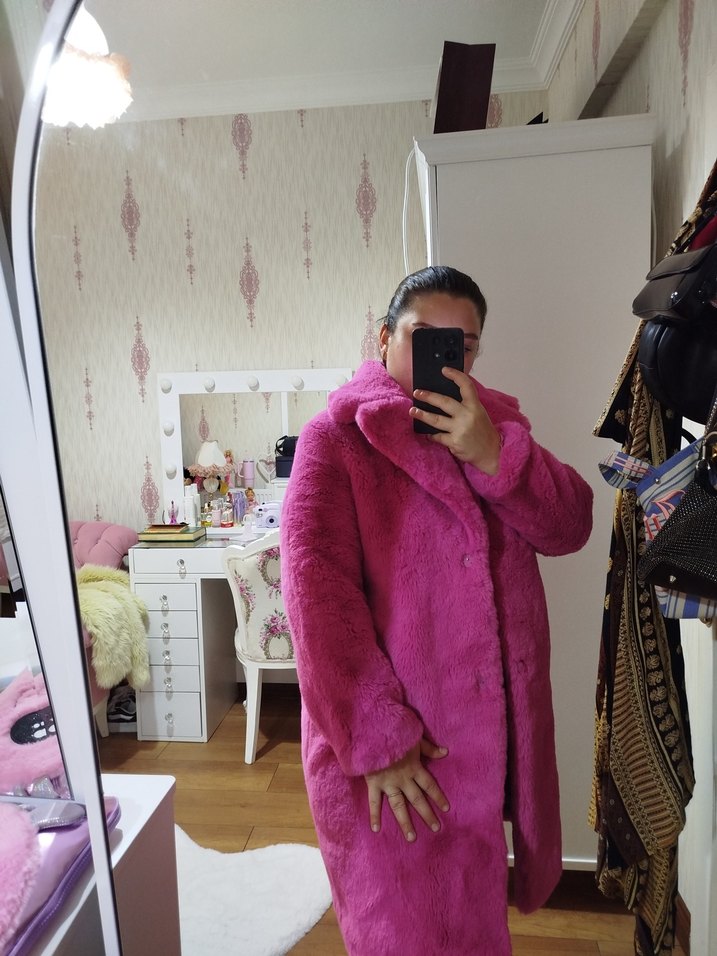 Pembe Kadın Midi Boy Suni Kürk Kaban s m l beden uuyumludr - Görsel 2