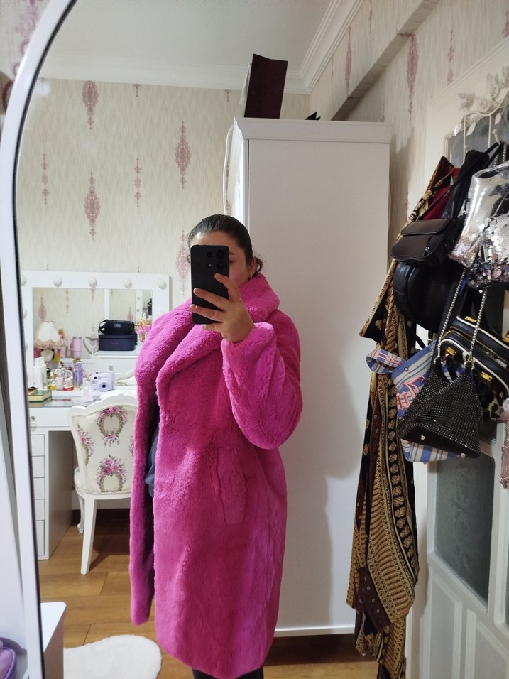 Pembe Kadın Midi Boy Suni Kürk Kaban s m l beden uuyumludr - Görsel 3