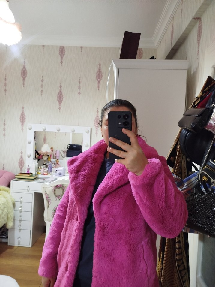 Pembe Kadın Midi Boy Suni Kürk Kaban s m l beden uuyumludr - Görsel 5