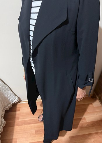 Kadın Siyah Uzun Drapeli Ofis Klasik Kaban - Görsel 2