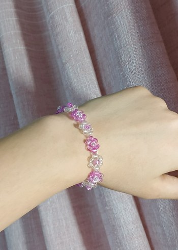  Beden pembe Renk Pembe Çiçekli Boncuk Bileklik